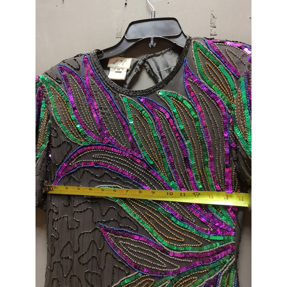 Vintage 1980 Sequin Silk Beaded cocktail Black dress green Design purple Medium - Picture 5 of 9
